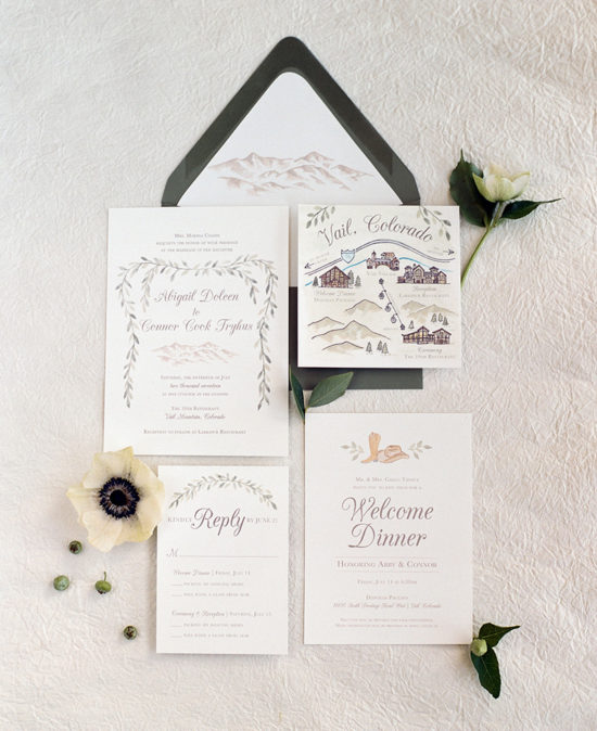 custom wedding invitations watercolor mountains green garland