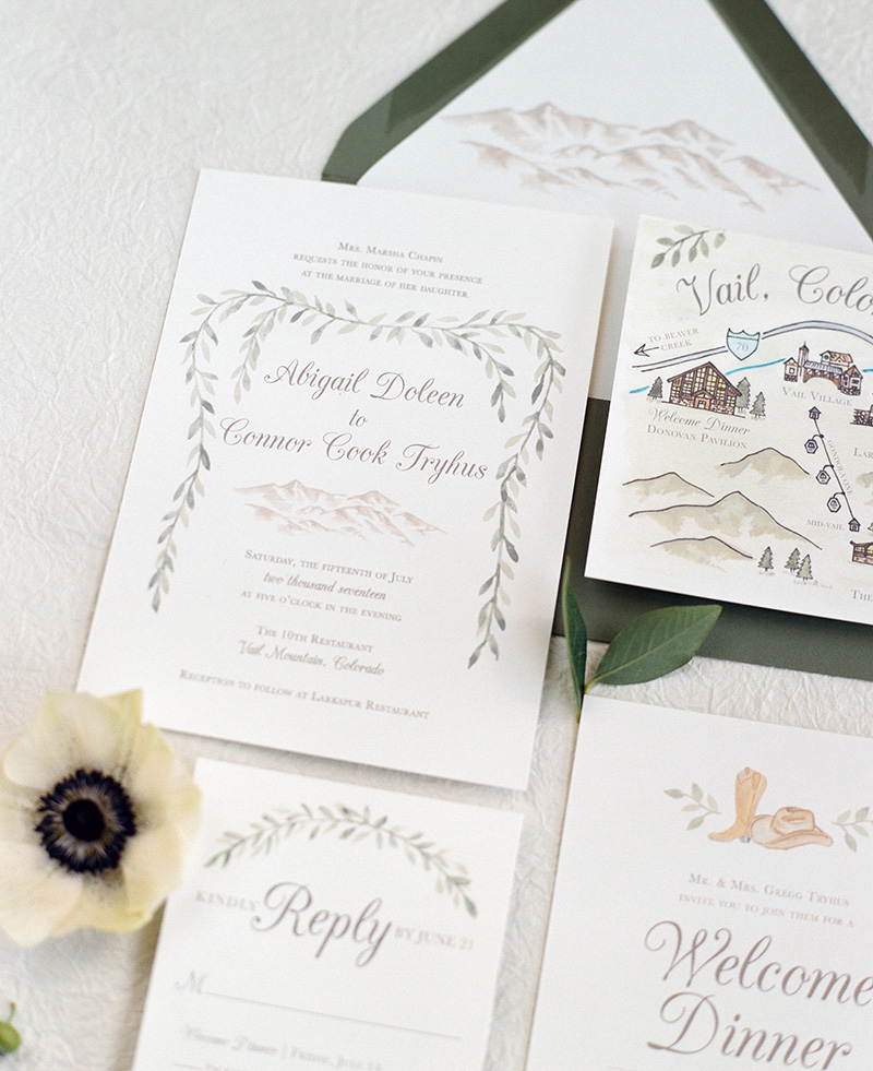 custom wedding invitations watercolor mountains green garland