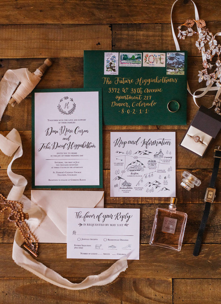 emerald green and blush custom wedding invitations with map