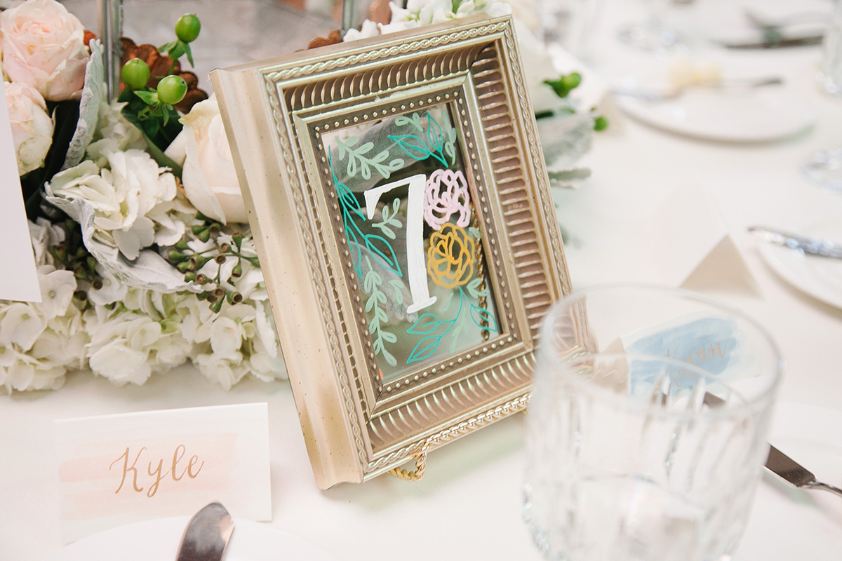 gold frame painted glass table numbers