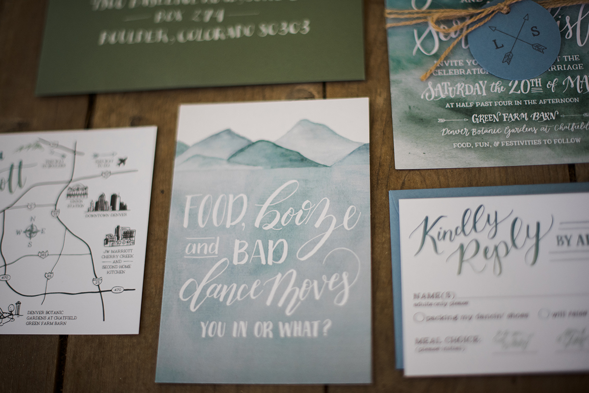 eclectic hand lettered watercolor wedding invitaitons