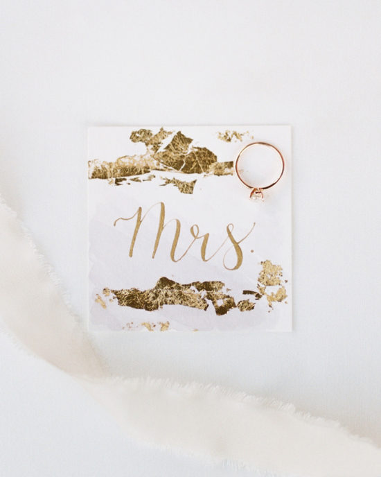 gold calligraphy and gold foil watercolor wash place card