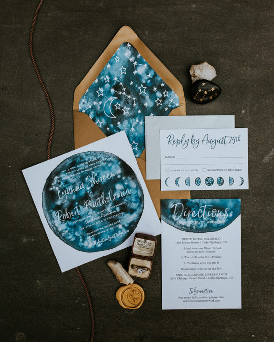 Celestial Game of Thrones Wedding Inspiration Custom wedding invitation set with galaxy watercolor, moon phases, constellations, and gold wax seal