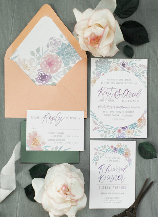 watercolor floral and succulents wedding invitations
