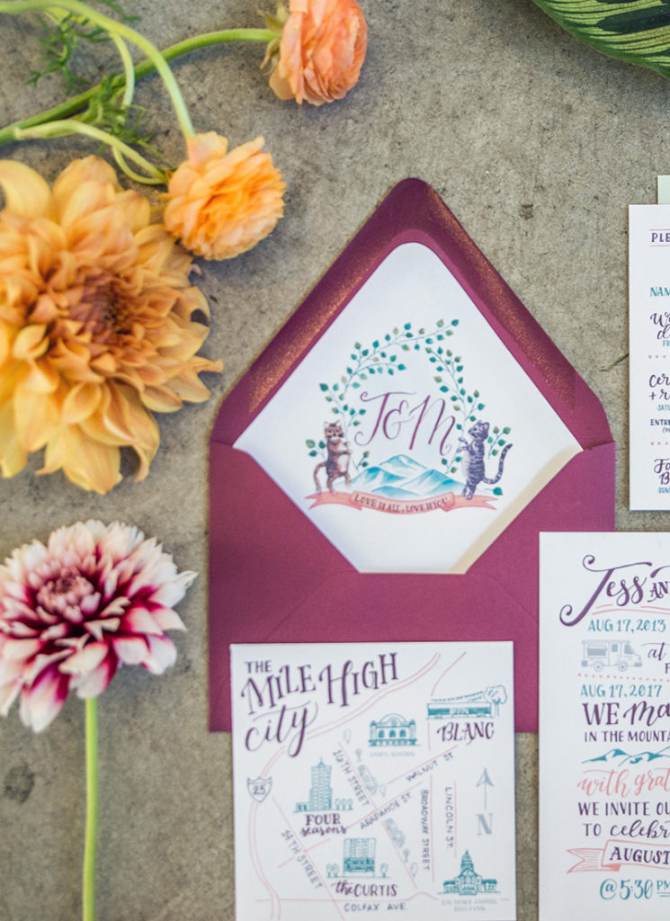Fun, Eclectic Custom Wedding Invitations with hand lettering, custom map, and Monogram Crest featuring cats and mountains