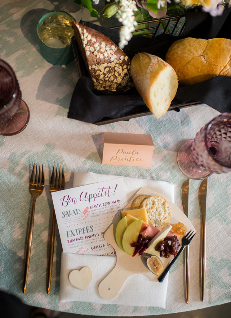 Fun, Eclectic Urban Wedding table setting with hand lettered menu, calligraphy place card, and mini charcuterie board