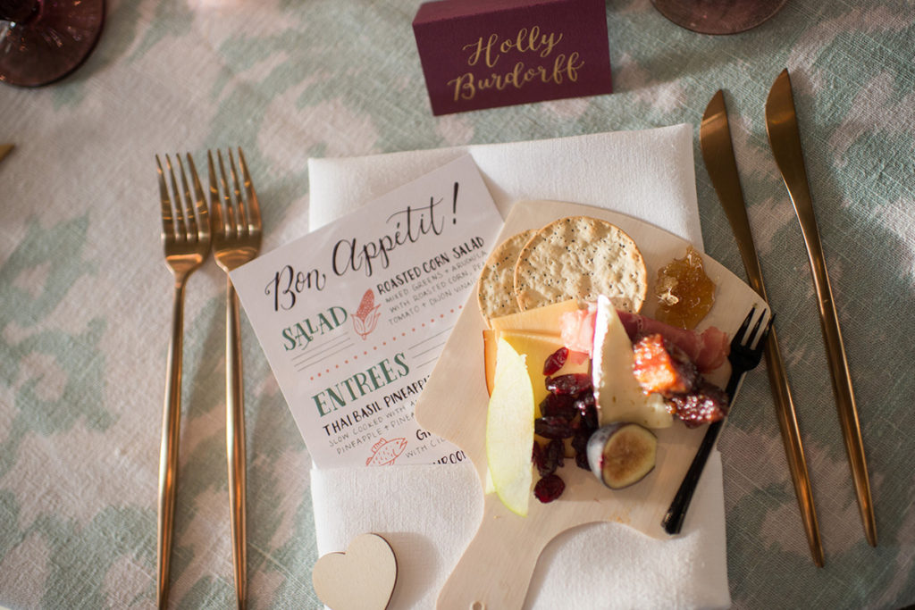 Fun, Eclectic Urban Wedding table setting with hand lettered menu, calligraphy place card, and mini charcuterie board